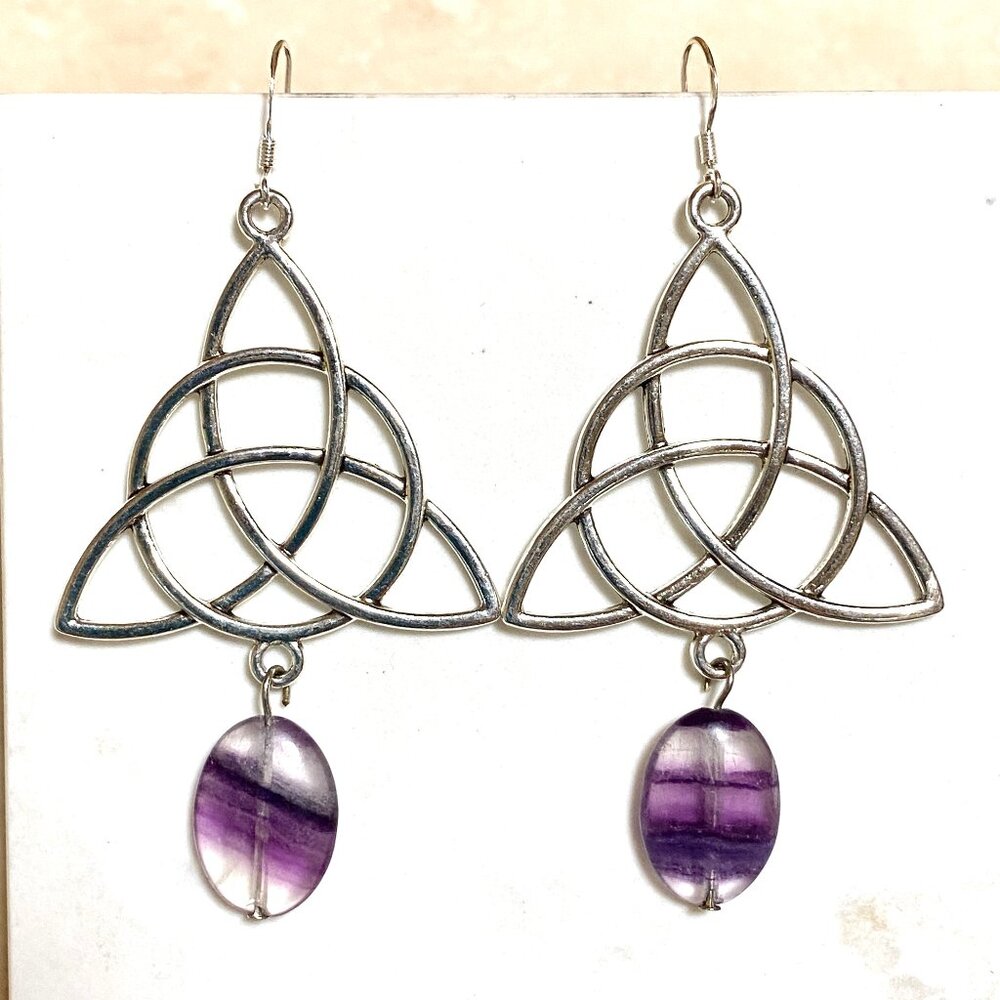 2/$20, Genuine Purple Fluorite Celtic Trinity Sterling Silver Dangle Earrings